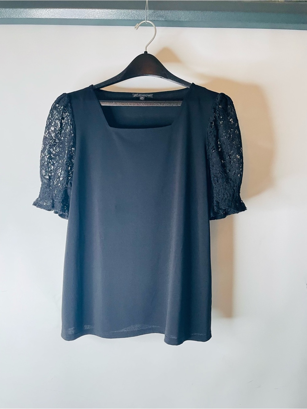 Adrianna Pappel M Black Lace Sleeves Square Neck Top Sleek